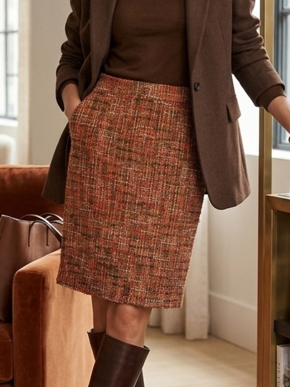 J. Crew Brown Tweed Pencil Skirt with Rust and Orange Threads